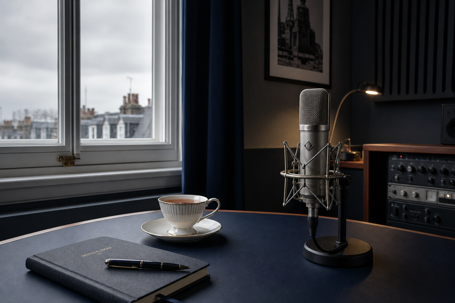 Professional recording setup with condenser microphone overlooking London rooftops